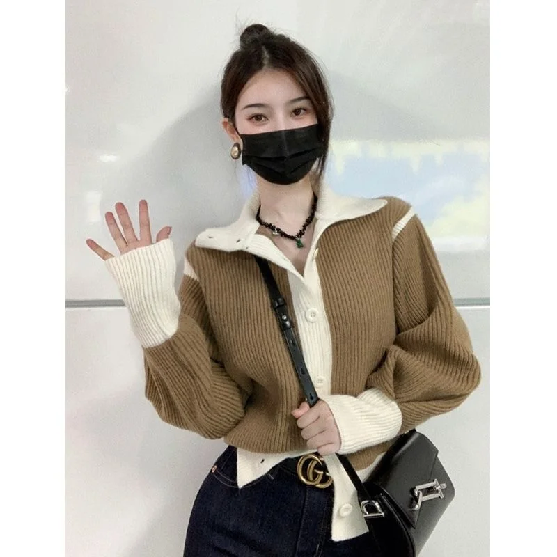 

Autumn and Winter 2022 Korean Color Matching Cardigan Sweater Knitted Top Coat