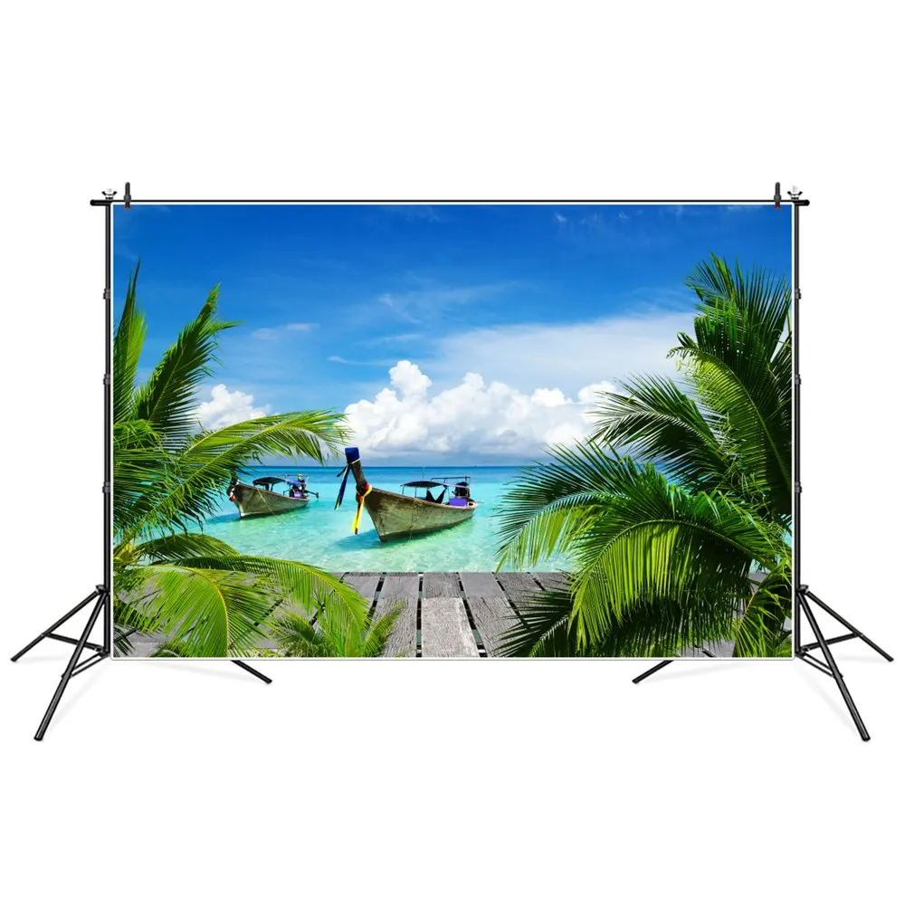 Фотофоны с тропическим морем облачное небо листья деревянная платформа лодки летние праздники Фотофон