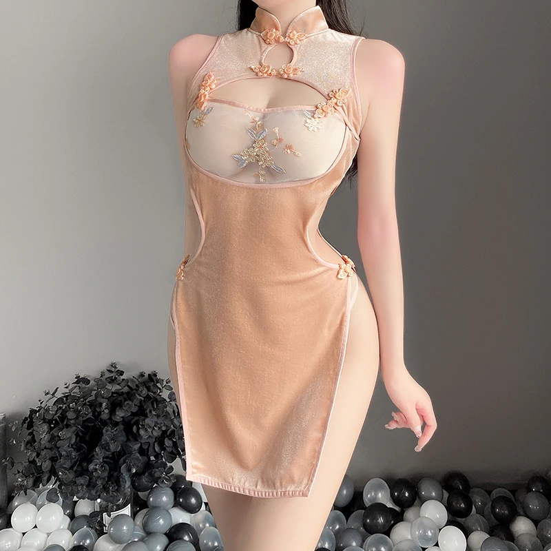 

Sexy High Split Chinese Dress Lingerie Qipao Women Open Chest Temptation Cheongsam Sleeveless See Through Erotic Cosplay Uniform