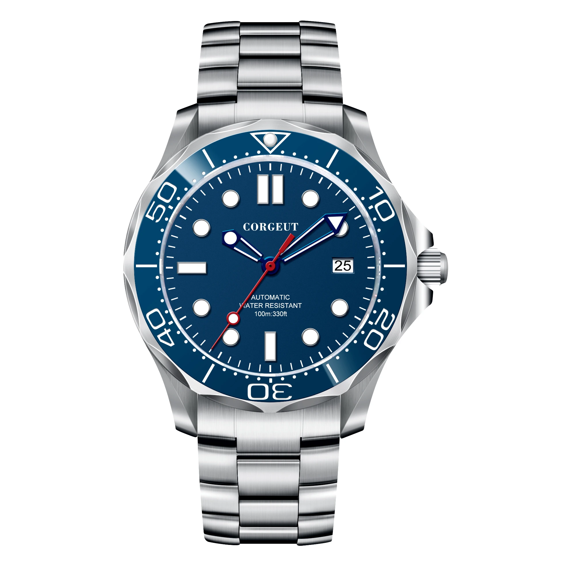 

41MM Corgeut Mens Automatic Watch Mechanical NH35 Movement White/Blue/Black Luminous Waterproof Steel Band Fashion Men's Watch