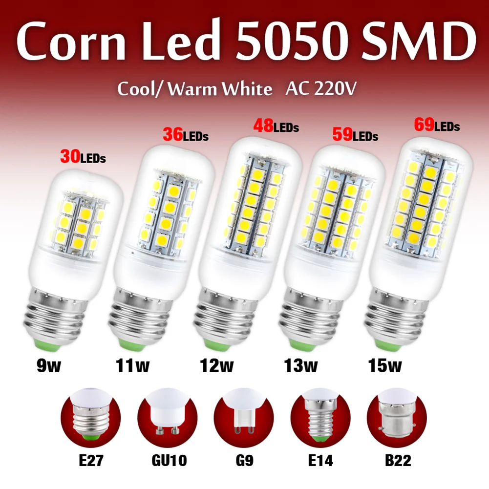 

9W 11W 12W 13W 15W Super Bright Lamp Light 5050 SMD Lampada LED Corn Bulb 220V LED Light Bombilla White E14 B22 G9 Chandelier