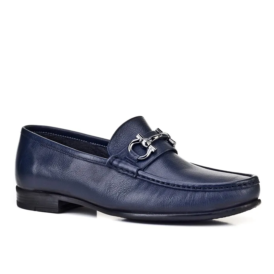

Rubber sole genuine leather navy blue men's Loafer shoes
