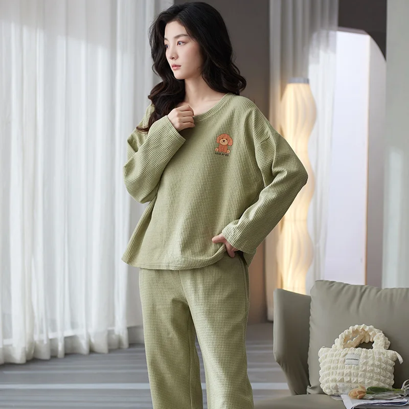 Women's Spring and Summer Pajamas Cotton Long-sleeved Trousers Round Neck Sleepwear Sweet Princess Style Home Suit Loungewear