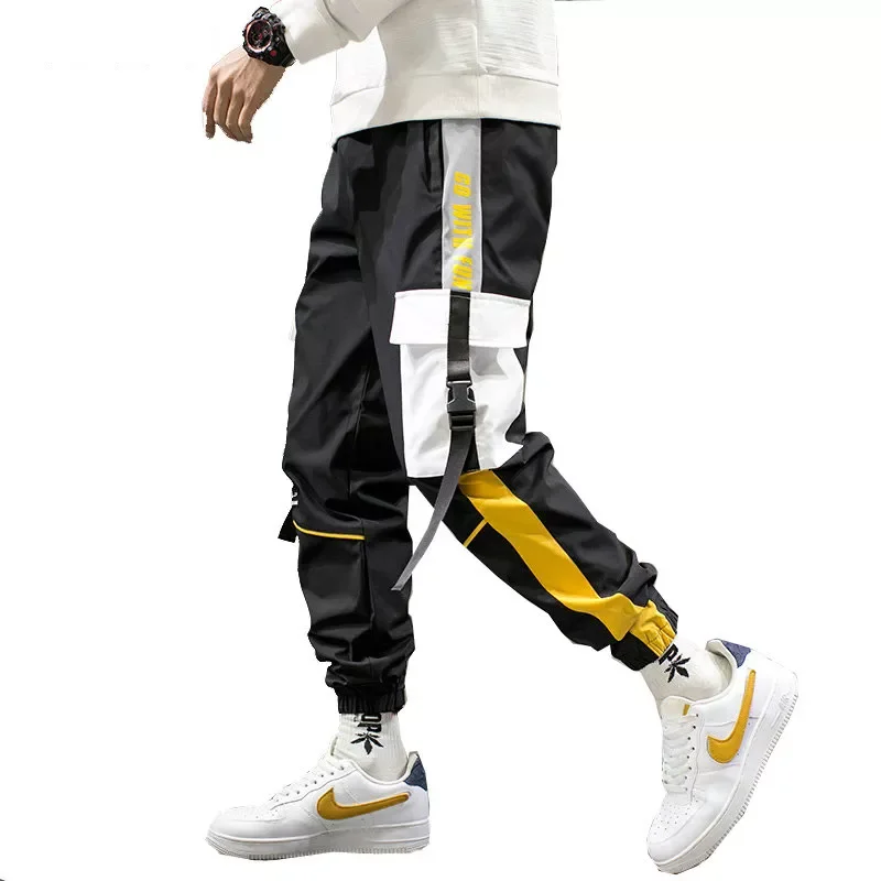 

Streetwear Men Black Joggers Pants 2022 Mens Big Pockets Ribbons Hiphop Cargo Pants Male Overalls Sweatpants Men Clothes