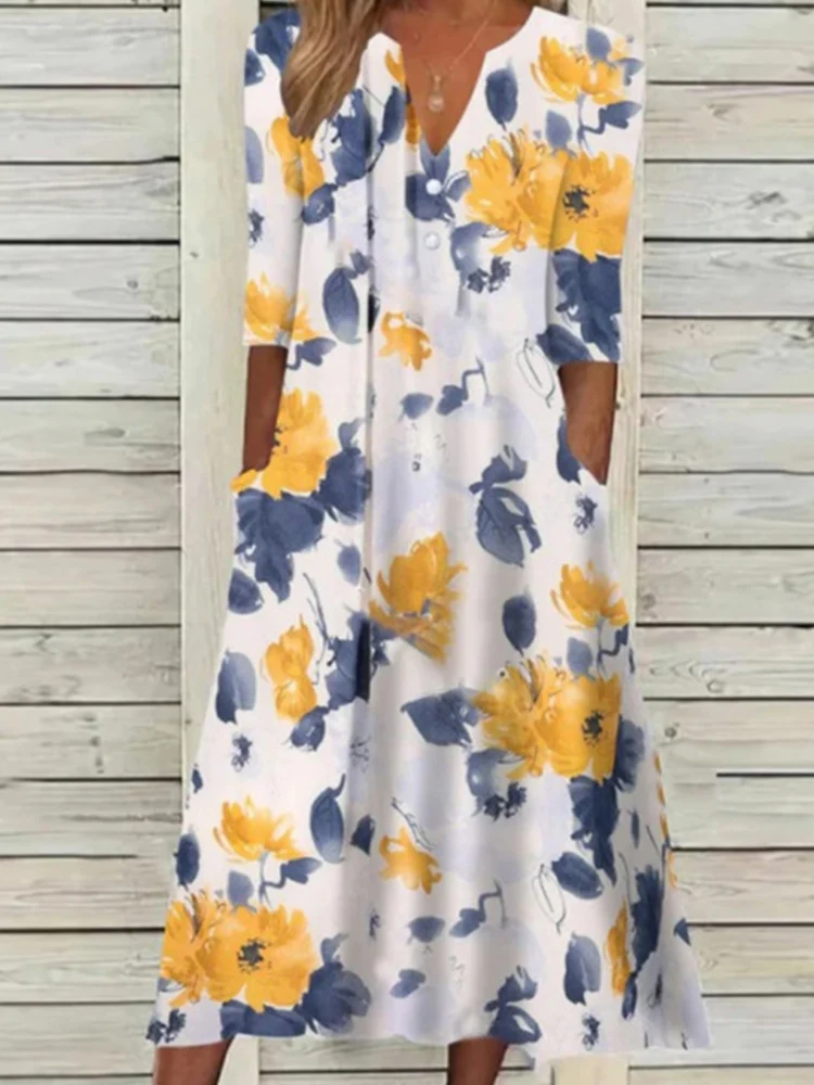 

Женское платье-пуловер с цветочным принтом, V-образным вырезом и коротким рукавом