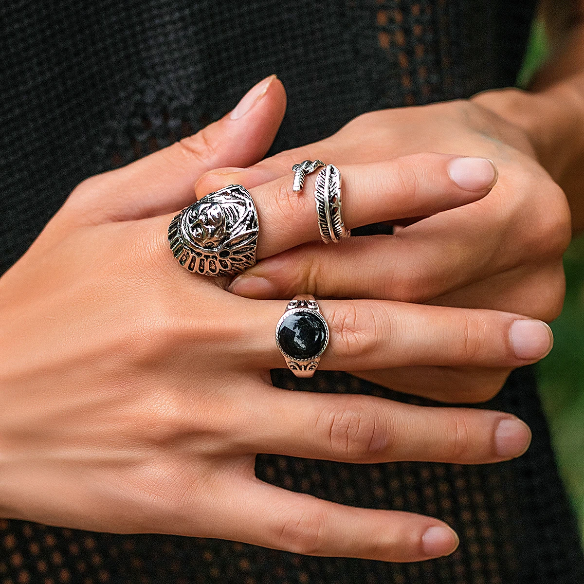 

KunJoe 3 pcs/set Retro Dripping Oil Feather Metal Carving Rings for Men Punk Gothic Silver Color Finger Ring Party Jewelry Gift