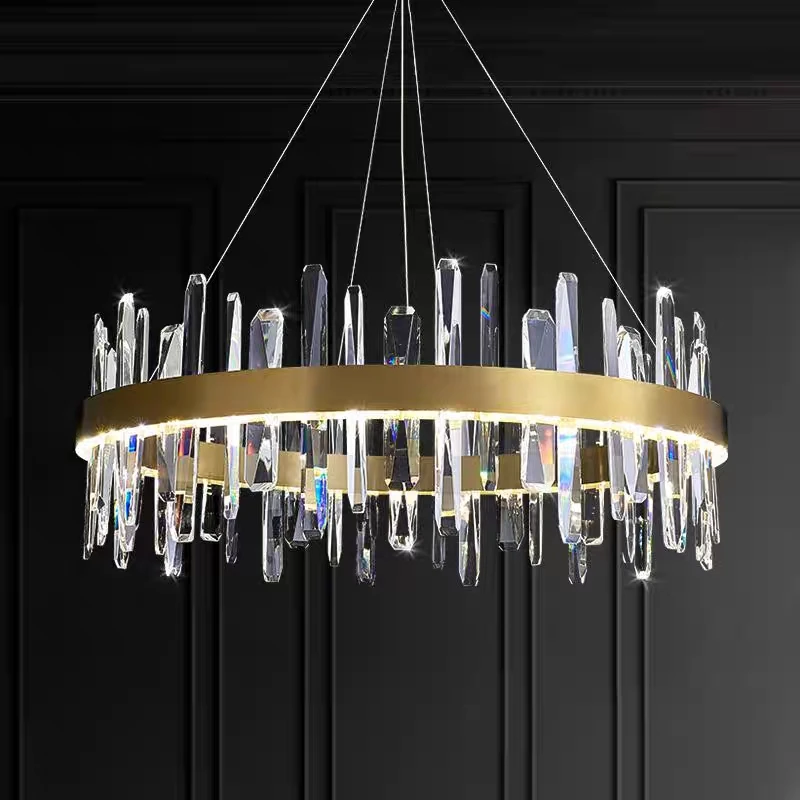 

Kobuc Luxurious Shine K9 Crystal Pendant Light Hotel Hanging Aluminium Lamp Round Long Shape for Living room Villa 3 Color Dim