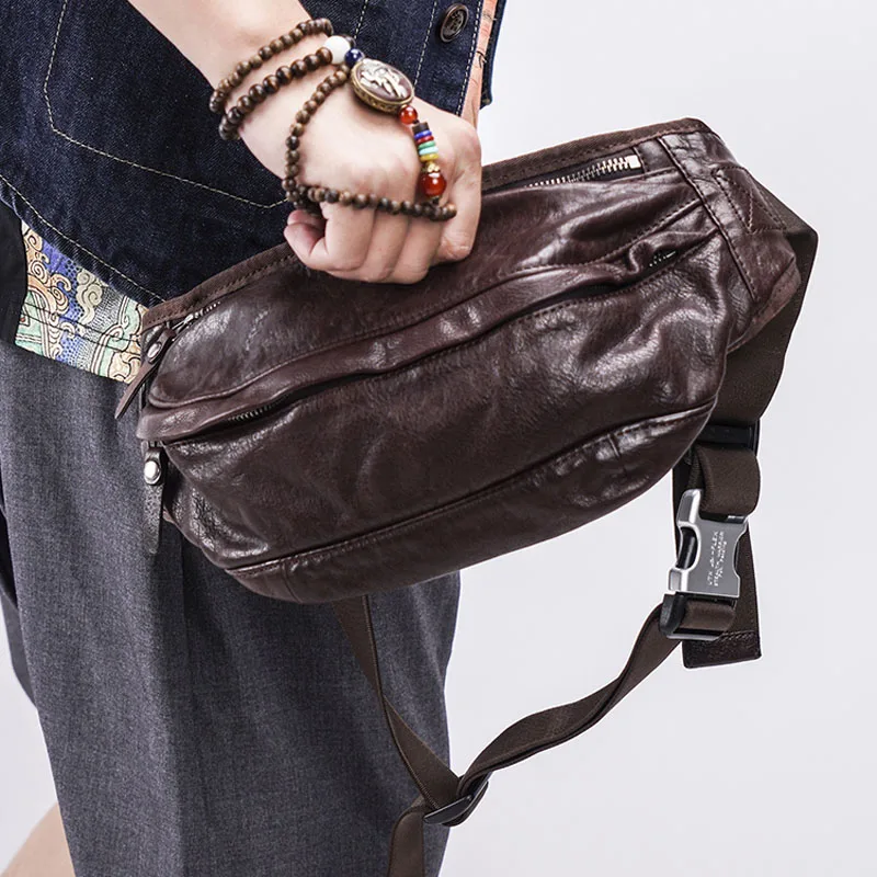 Retro leather Fanny pack men's multi-functional practical single shoulder crossbody bag casual large capacity chest bag trend mo