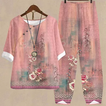 Linen Sets For Women 2 Piece Ladies Cotton Five Sleeve Printed Blouse Loose Pants Two Piece Suit Dressy Pant Suits 1