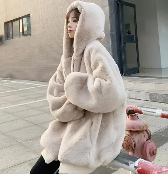 women jacket 2022 ins hot sale Plush jacket women winter imitation Rex rabbit fur grass mid-length large size loose thick hooded