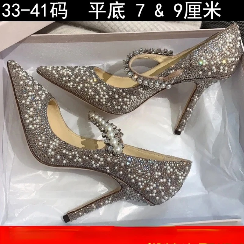 

Wedding Girl Rhinestone High Heels 2022 European and American Pearl Stiletto French Bridesmaid Shoes Pointed Shoes