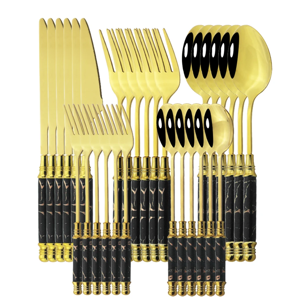 

30Pcs Dinner Black Gold Stainless Steel Dinnerware Set Knife Fork Coffee Spoon Cutlery Set Kitchen Tableware Silverware Set