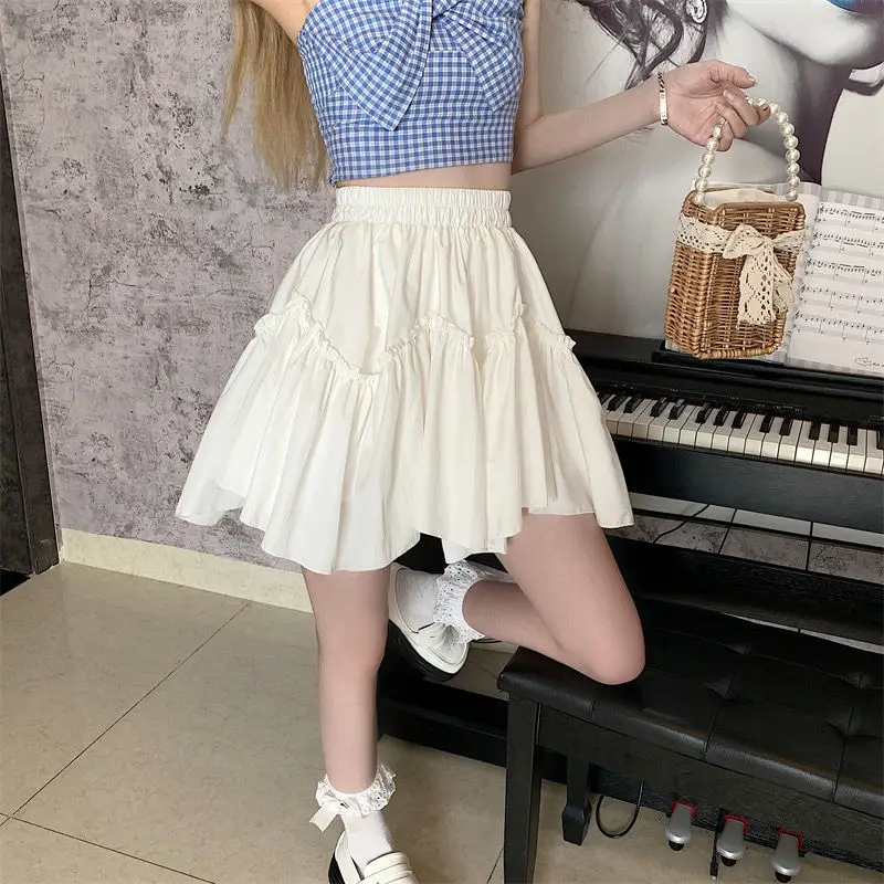 

Kawaii Mini Skirts Women White Fungus Patchwork Summer 2022 Sweet Cute Pleated Skirt Black Goth Lolita Preppy Style Y2k