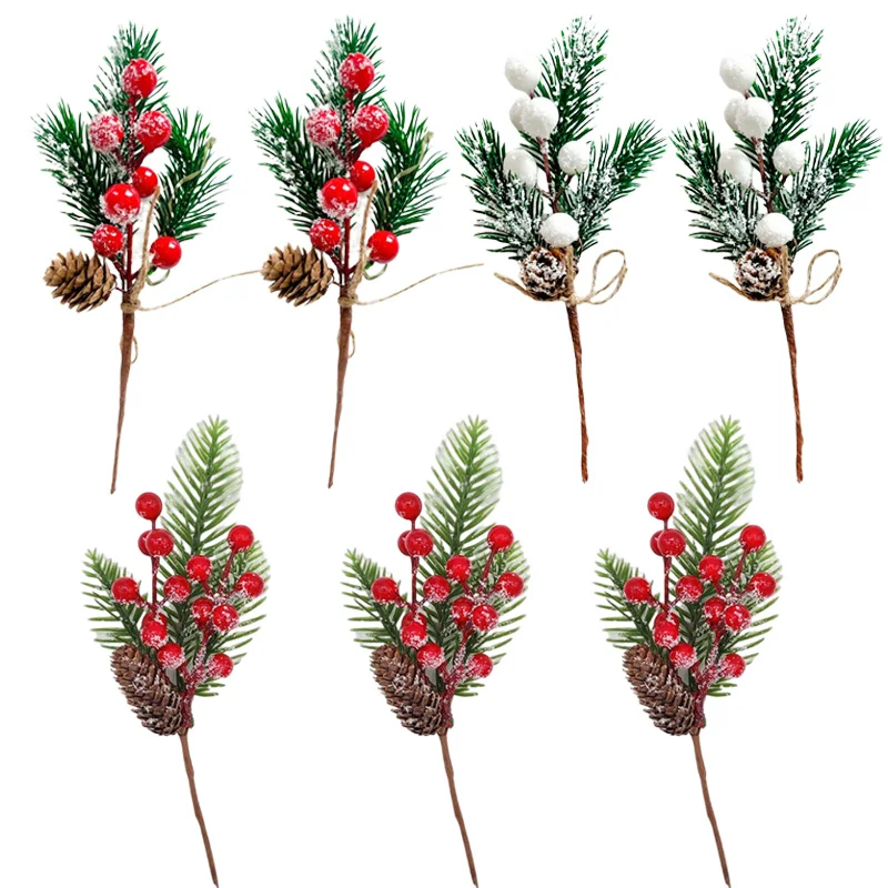 

3pcs Artificial Christmas Pine Cone Branch Snowflake Berries Red Berries DIY Wreath Decorations Xmas Tree Ornament Table Decor