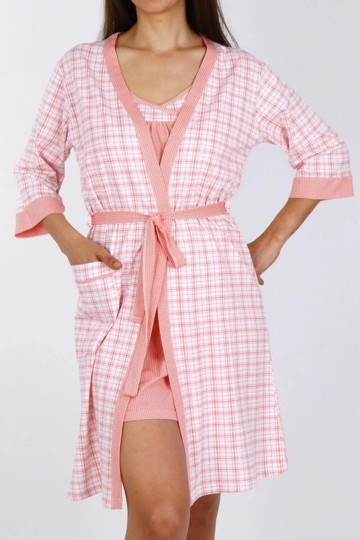 

Dressing Gown Salmon Tunic Nightgown Rope Hanging Double Suit Pocket Cotton Bathrobe Nightgown Gown