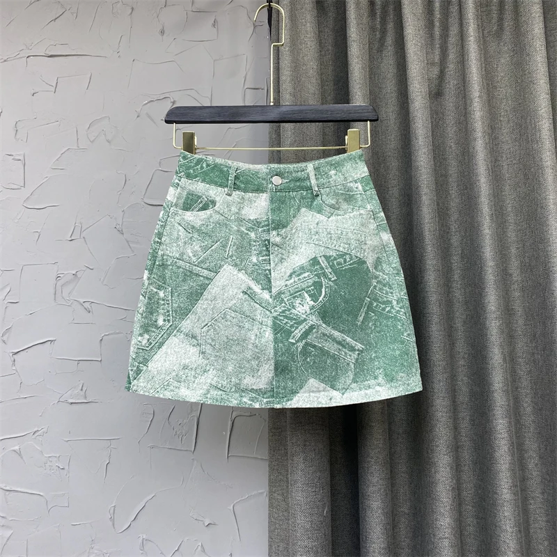 

Vintage Green Printed Denim Skirt Women 's Spring Summer Mini Skirt 2022 New Korean Style Slim Fit A- Line Short Skirts Feminino