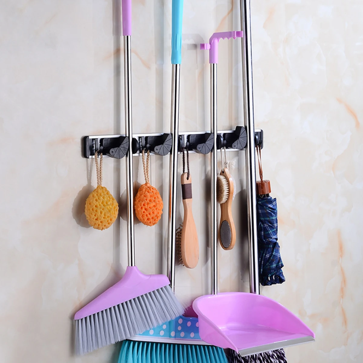 

Mop Broom Holder Wall Mounted Broom Hanger 4 Slot 5 Hooks Anti-Slip Mop Broom Rack Organizer Heavy Duty Broom Holder Cleaning