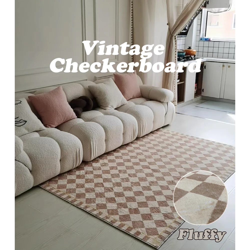 

French Plush Carpets for Living Room Decoration Bedroom Room Decor Checkerboard Soft Fluffy Rug Large Area Non-slip Floor Mat