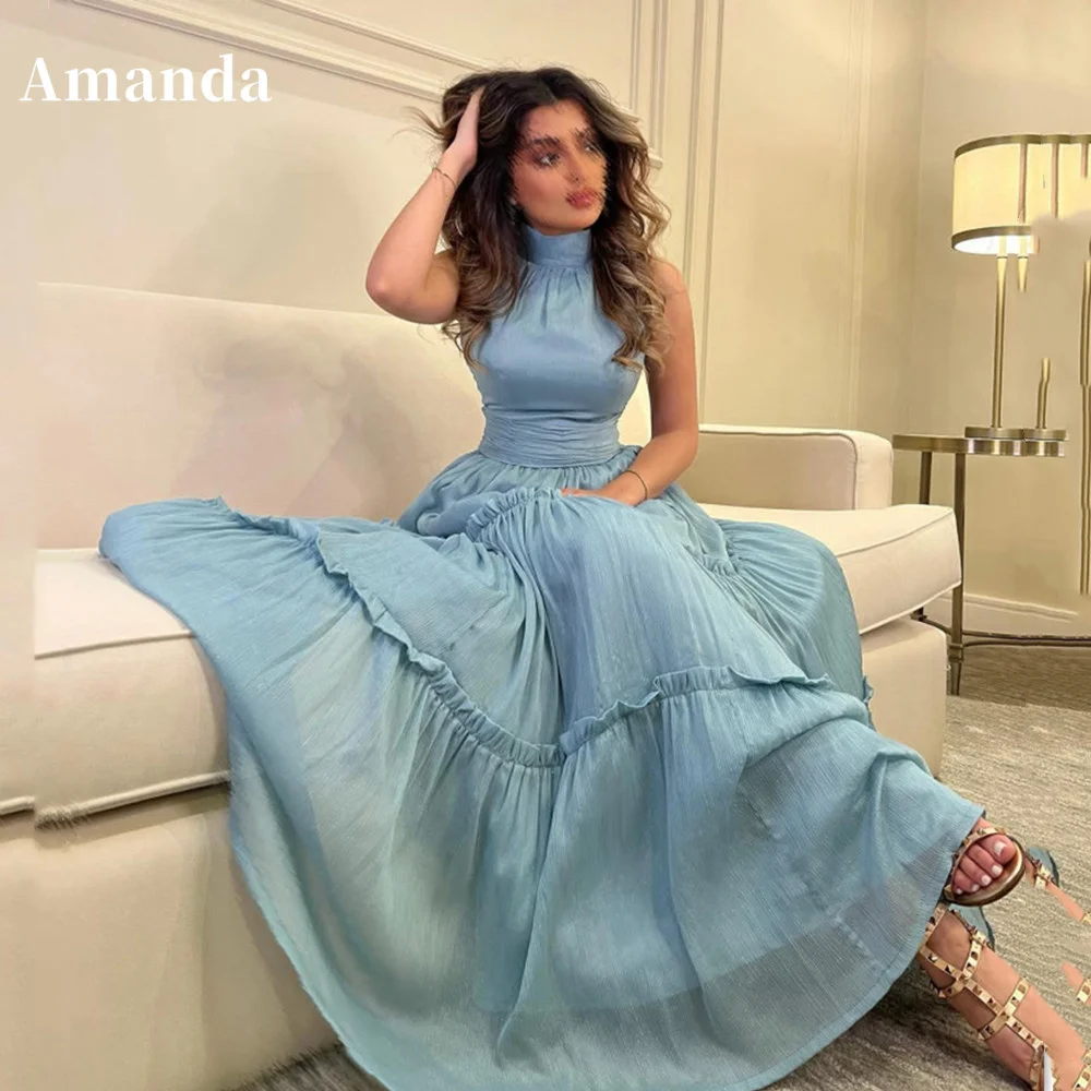 

Amanda High Neck Prom Dress Gentle Light Blue Evening Dress Sexy Sleeveless Party Dress Custom Color فساتين مناسبة رسمية