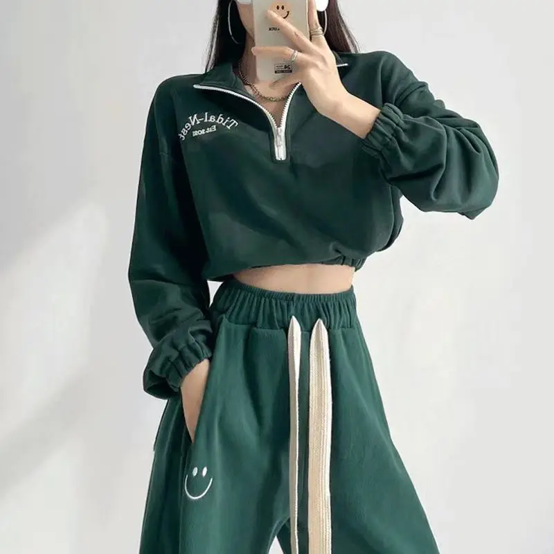 

American Retro Green Running Standing Collar Lady Tracksuit Two Piece Sets Womens Outifits Turn-down Collar Sweatshirt Long Pant