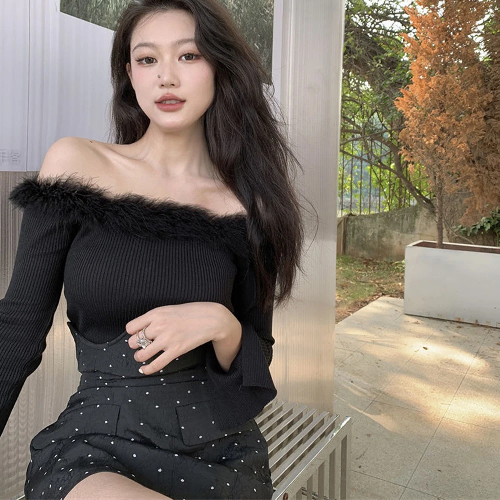 Женский сексуальный свитер с открытыми плечами пушистые меховые свитера вырезом