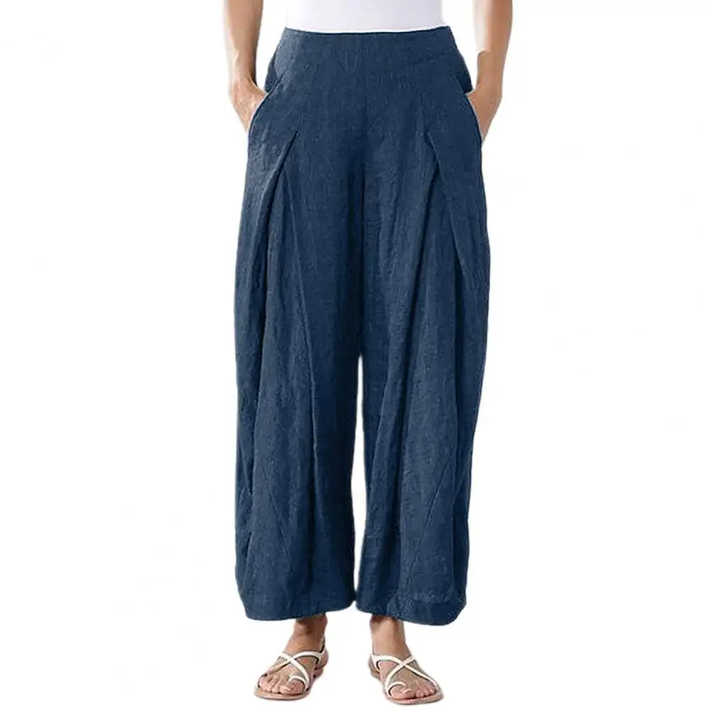 

2022 Elastic Waist Pleated Wide Leg Loose Pants Women Solid Color Pockets Casual Pants Lady Clothing Summer Street Wear