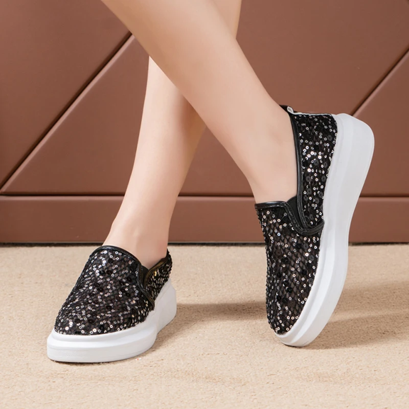 

Lucyever fashion sequins slip on flats women 2022 summer breathable mesh thick bottom casual shoes woman solid platform sneakers