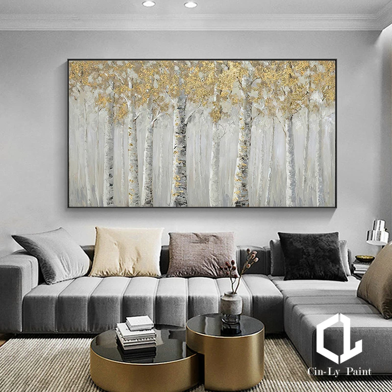 

Hand Drawn Silver Birch Forest Oil Painting On Canvas Golden Foil Texture Wall Art Hotel Mural Living Room Home Decor Frameless