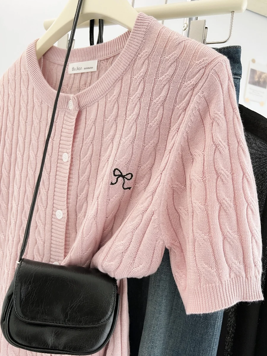 Big Brand Withdraw from Cupboard Cut the Tag off Pink round Neck Bow Embroidery Short sleeve Knit cardigan Women Summer Tempe...