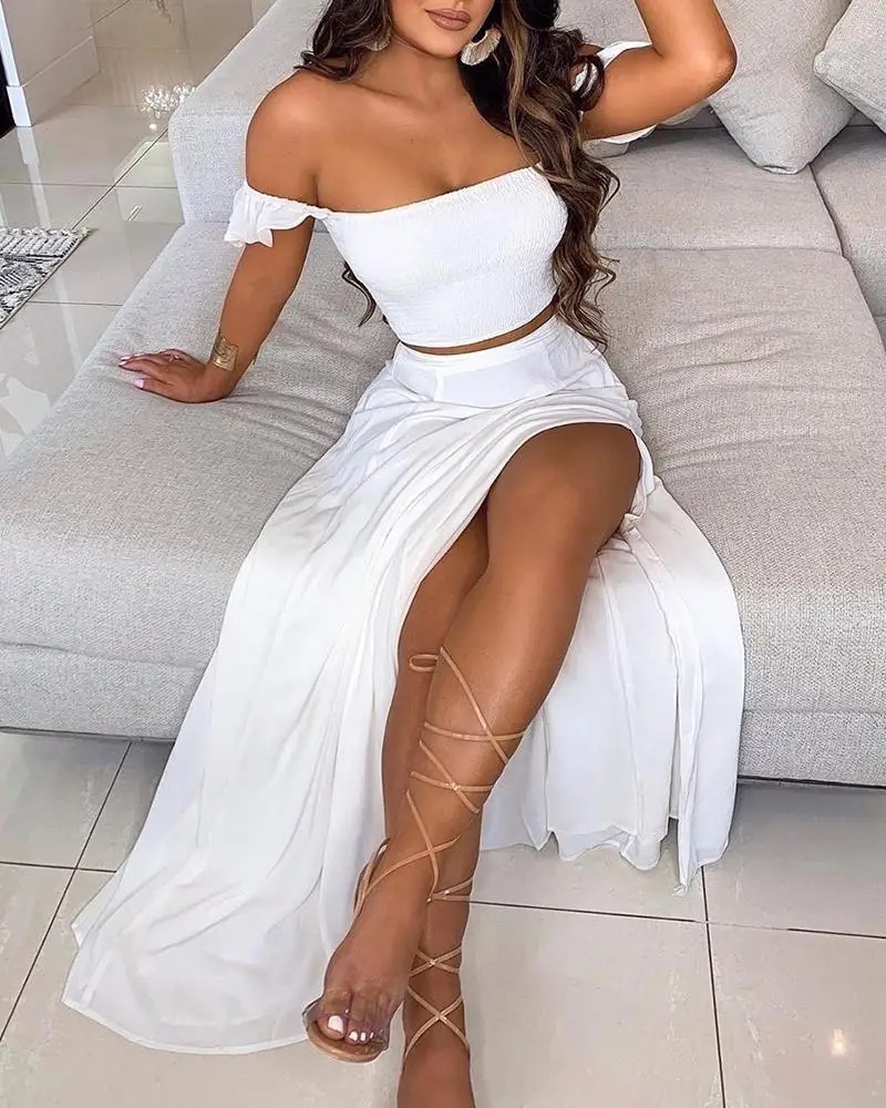 

Women Fashion Off Shoulder Ruffles Butterfly Print Off shoulder Crop Top & Thigh Slit Skirt Sets Fashion Two Piece set