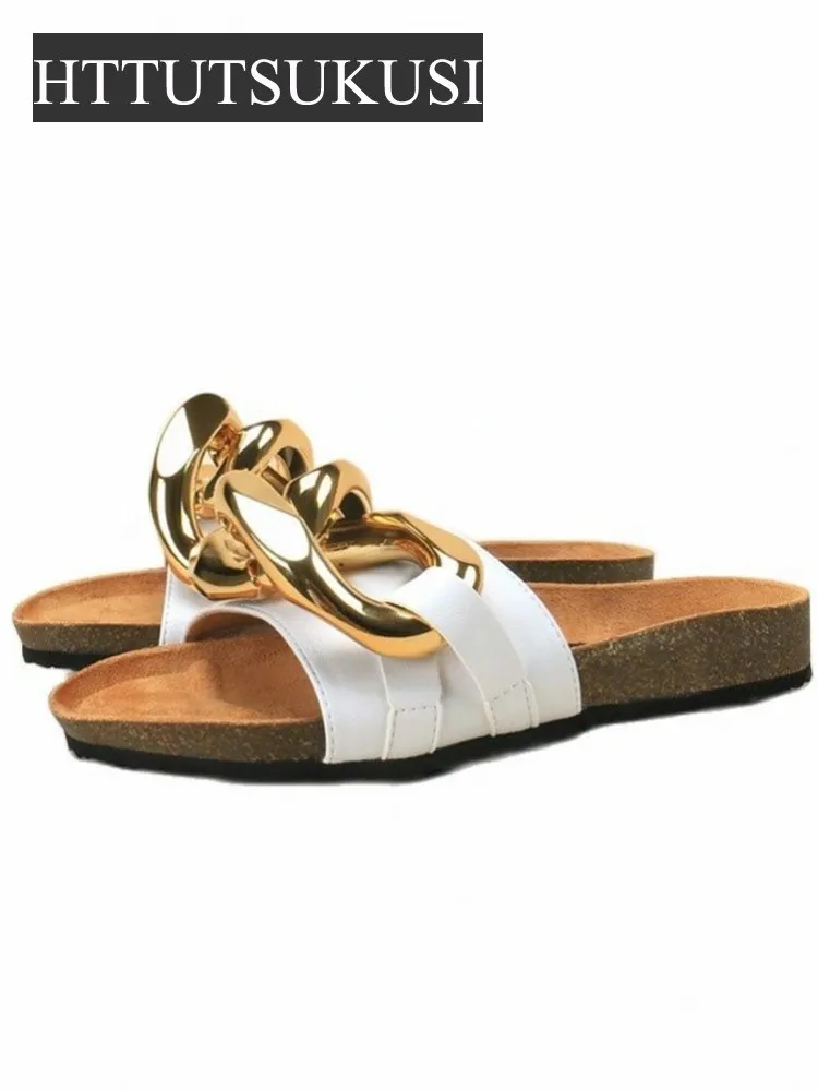 

Designer Outdoor Chains Slippers Women Platform Shallow Real Leather Sandals Loafers Leisure Flat Flip Flops Female