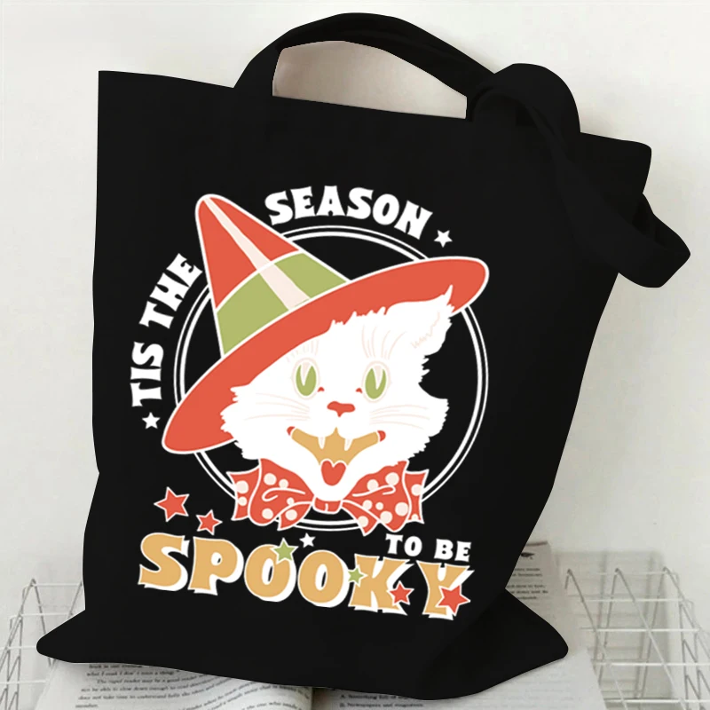 Vintage Halloween torebki damskie moda czarna torba na ramię z kotem unisex płótno upiorny sezon zakupy kreskówka kotek materiałowa