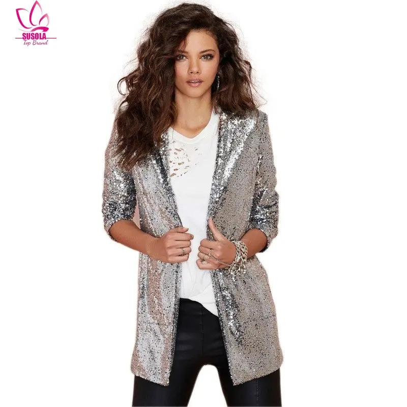 

SUSOLA Black Sequin Shinny Shirt Jacket Women Casual Loose Blazer Stage Party Nightclub Costume Chemise Homme Disco Camisas