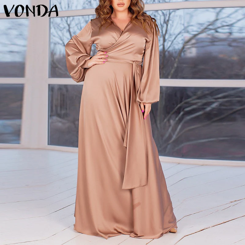

VONDA Loose Pleated Dresses Women Casual Solid Color Baggy Sundress Female Satin Slik Loose Maxi Long Robes A-Lined Dress