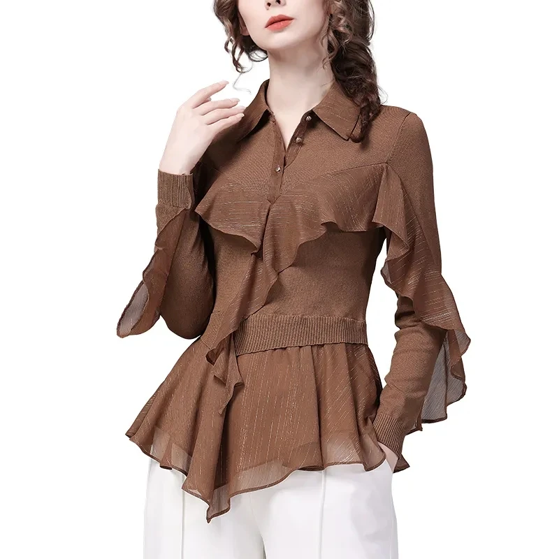 Женская шифоновая блузка с оборками приталенная трикотажная прострочкой на