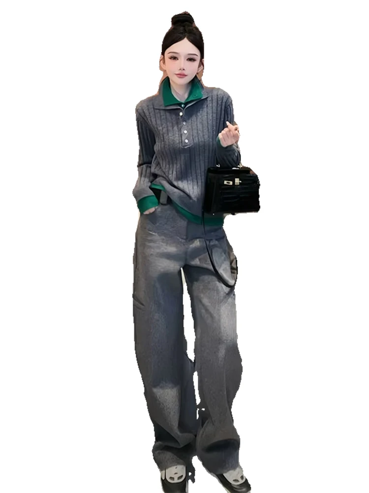 2024 Autumn and Winter New Age-Reducing Fashion Gray Knit Women High-Grade Versatile Loose Casual Pants Two-piece Suit