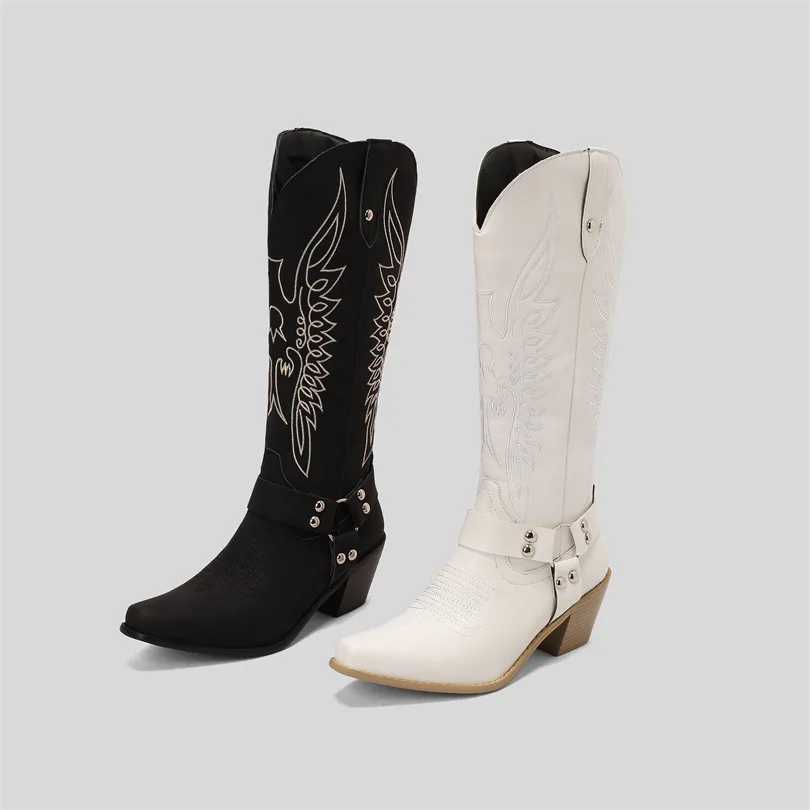 Women Boots 2022 Designer Luxury Winter High Heel Embroidered Women Shoes Pointed Plus Size Elegant Lady Western Cowboy Boots