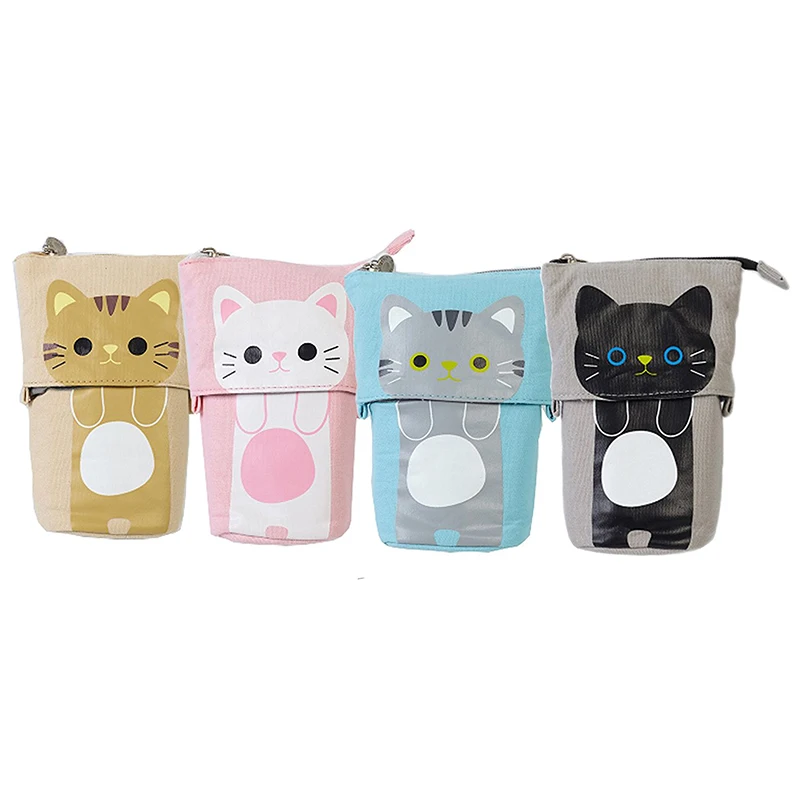 

Холщовый мультяшный Телескопический пенал с милым котом, сумка для канцелярских принадлежностей, чехол для ручек с застежкой-молнией