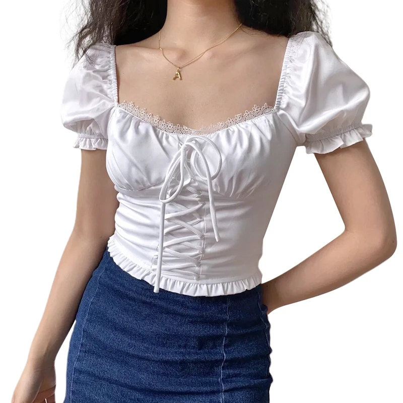

Women Retro Court Style Square Neck T Shirt Summer Vintage Short Sleeve Square Neck Casual Party Lace Crop Tops Tees Fairycore