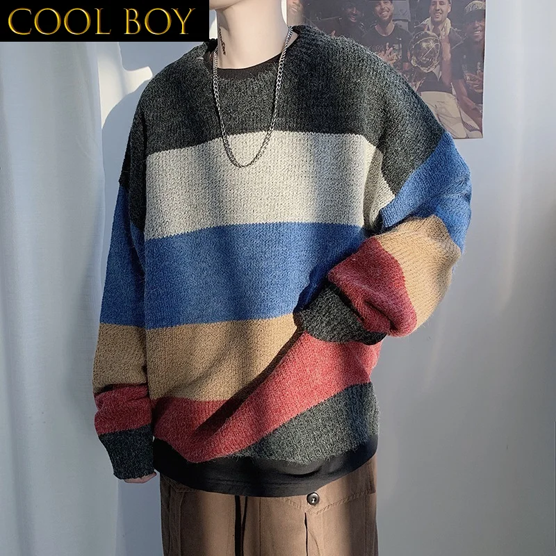 J GIRLS Striped Design Pullovers Men Loose Fashion All-match Chic Korean Harajuku Fall Tops Handsome Students Teens Sweaters