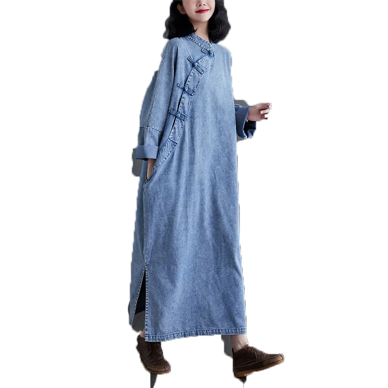 Весна и осень 2023 свободное платье больших размеров с воротником-стойкой для