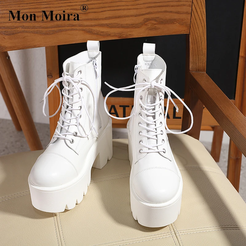 

MONMOIRA Chunky Platform Goth Ankle Boots Women 2022 Autumn White Zipper Cross-tied Booties Ladies High Heels Shoes Botas