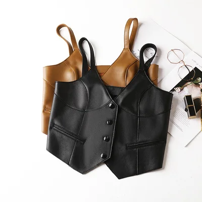 2022 Lambskin Fashionable Genuine Leather Vest Women's V-Neck Slim Vest J1