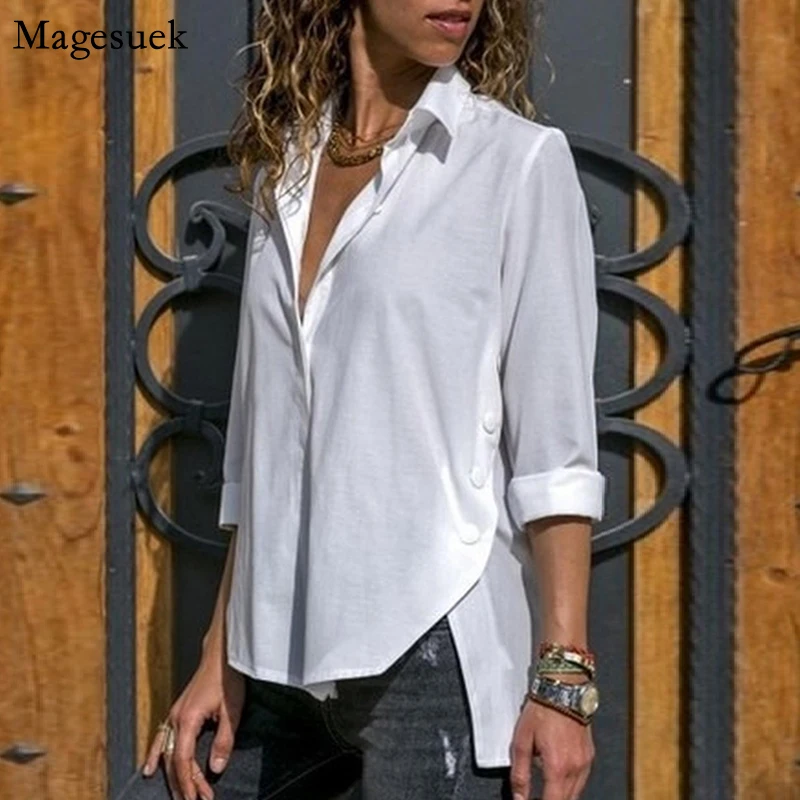 

2022 New Long Sleeve Irregularly Split Women Blouse Tops White Loose Women's Shirts Casual Solid Office Button Up Shirts 19019