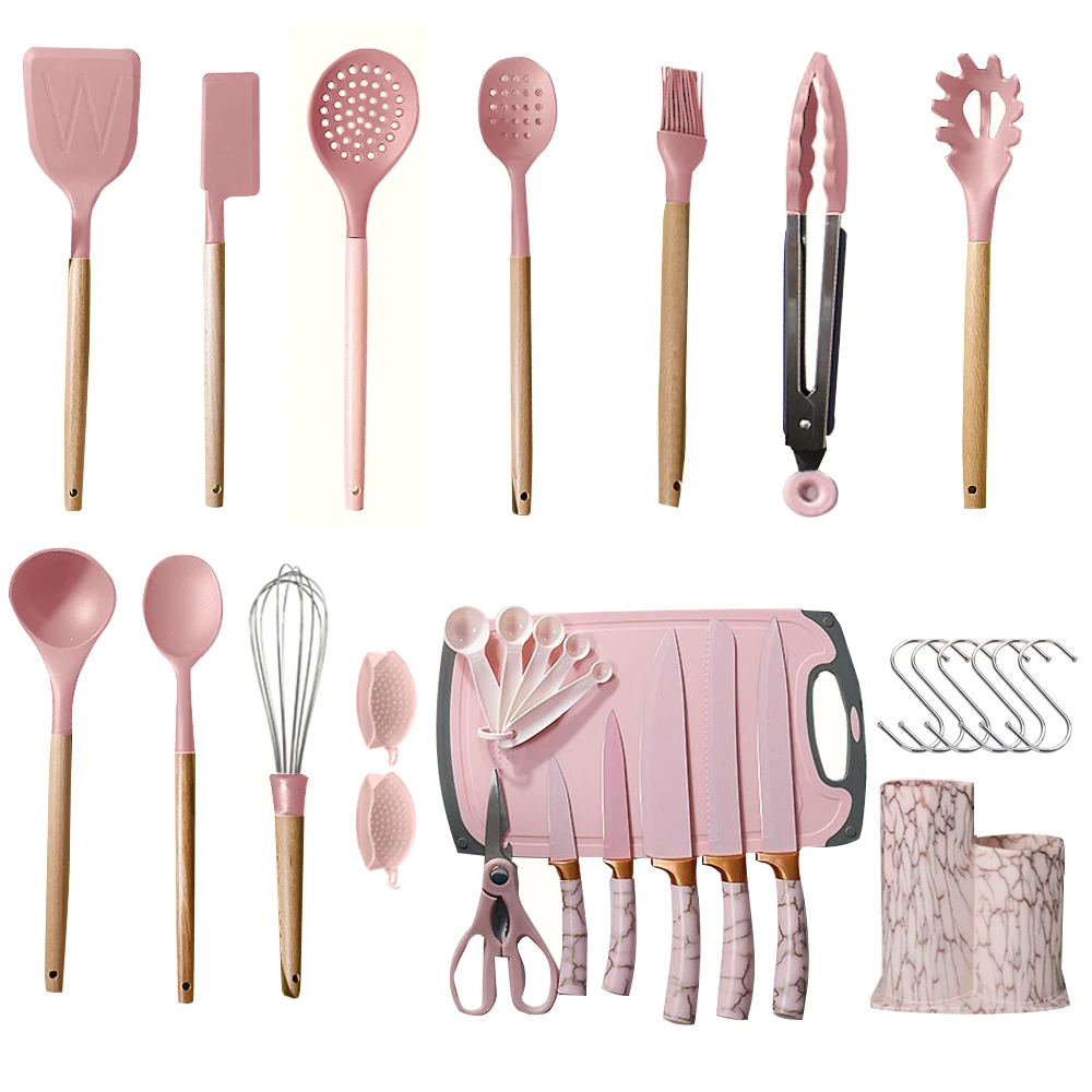 

31pcs Kitchen Utensils Set Wooden Handle Silicone Kitchen Cooking Utensils with Holder Spatula Spoons Turner Knife Cookware