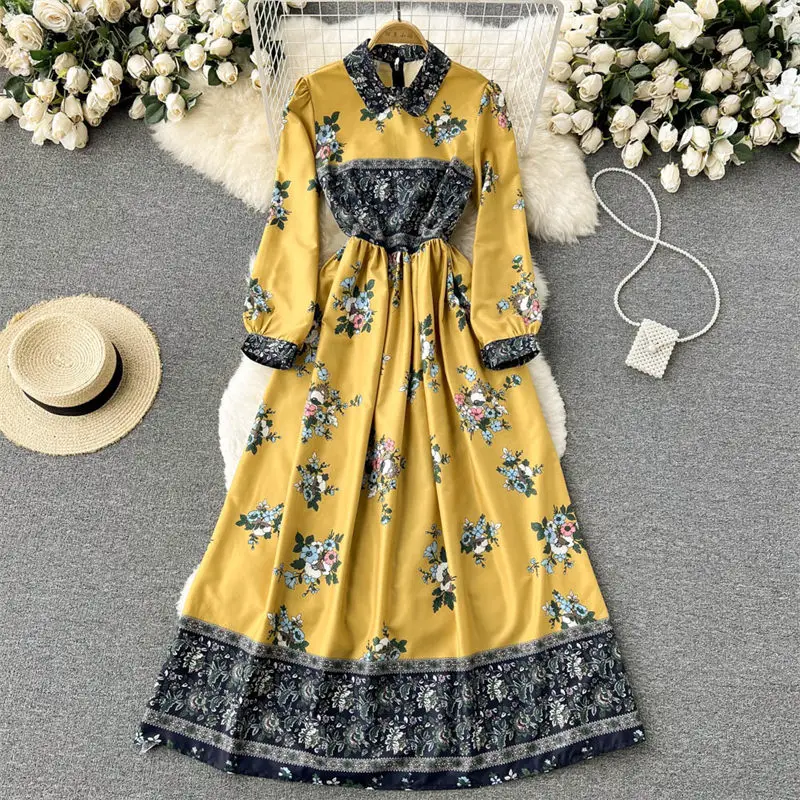 

Spring Clothing European And American Fashion All-Match Slimming Retro Printed Dress Women's Long Sleeve Loose Maxi Dress H236