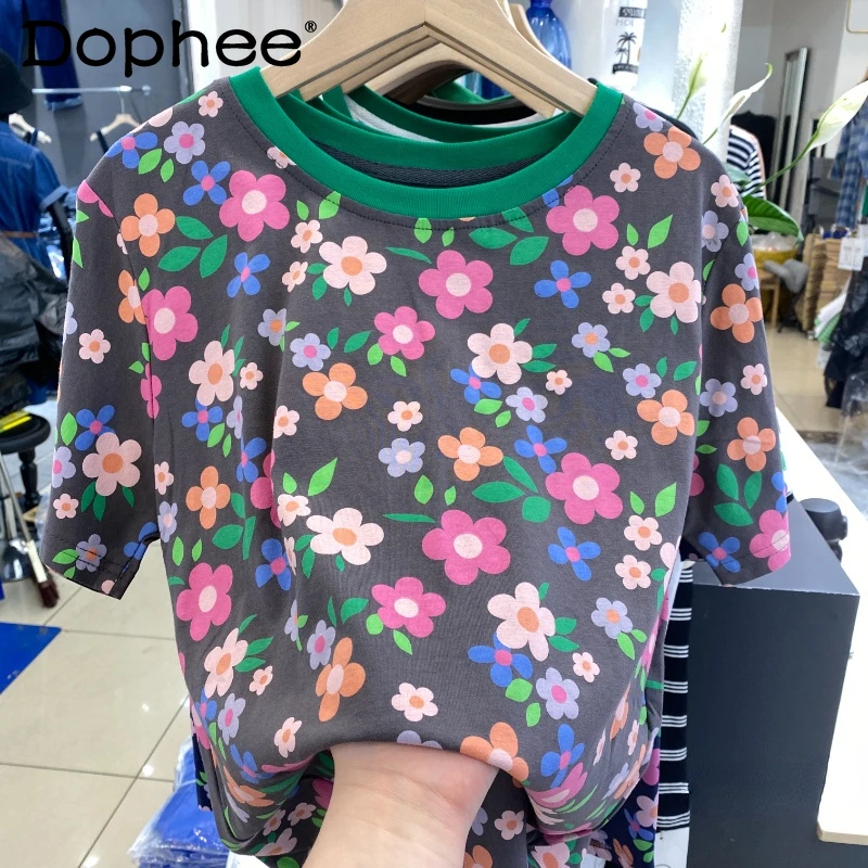 

2022 Women's Floral Gray Short Sleeve T-shirt Summer New Design Beautiful Chic Top Ladies All-Match Tees