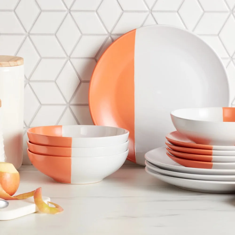 

BOUSSAC Lizzy Stoneware 12-Piece Round Dinnerware Set, Orange Serving Ware Kitchen Dish Dinner Plates