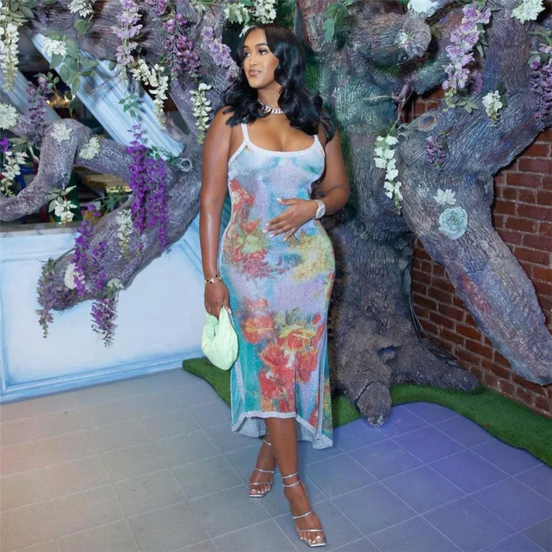 

Mesh Floral 3D Print Slip V Neck Backless Irregular Sexy Bodycon Midi Dress Summer Women Fashion Outfit Festival Party