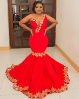 Elegant Red Sequin Mermaid Sweetheart Sleeveless Satin Ball Gown Gold Applique With Train Formal Party Dress Vestido De Gala
